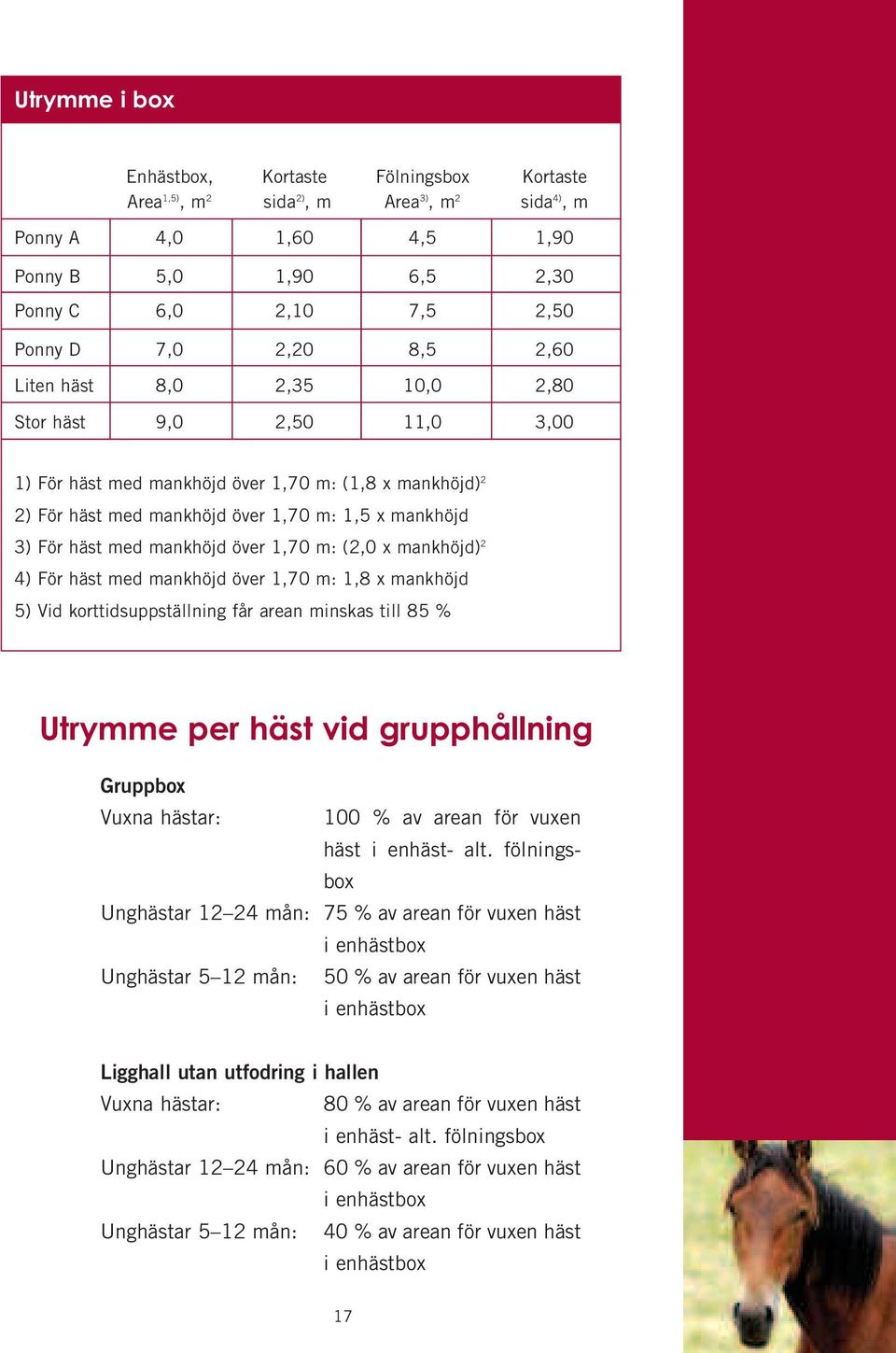 mankhöjd över 1,70 m: (2,0 x mankhöjd) 2 4) För häst med mankhöjd över 1,70 m: 1,8 x mankhöjd 5) Vid korttidsuppställning får arean minskas till 85 % Utrymme per häst vid grupphållning Gruppbox Vuxna