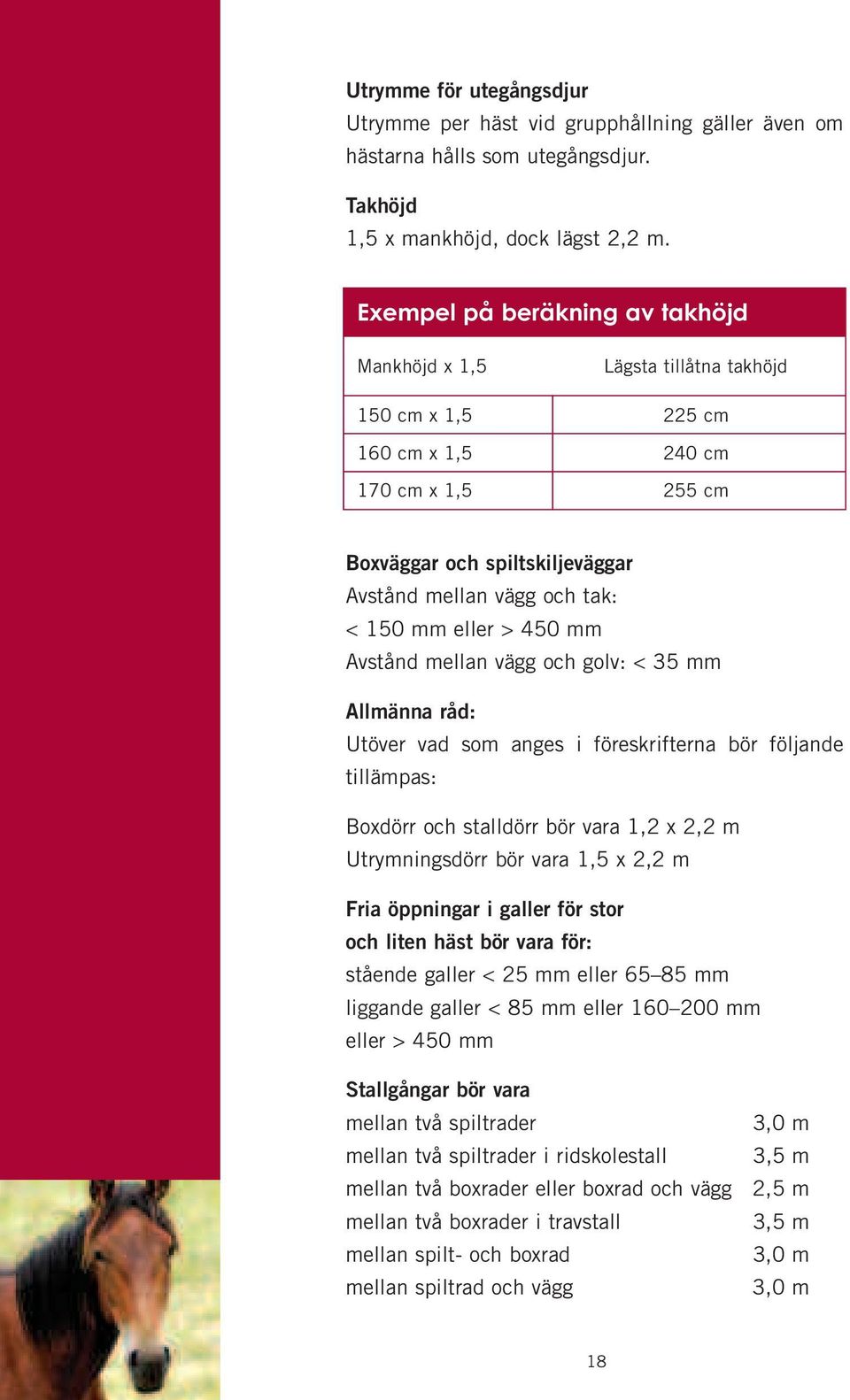 mm eller > 450 mm Avstånd mellan vägg och golv: < 35 mm Allmänna råd: Utöver vad som anges i föreskrifterna bör följande tillämpas: Boxdörr och stalldörr bör vara 1,2 x 2,2 m Utrymningsdörr bör vara