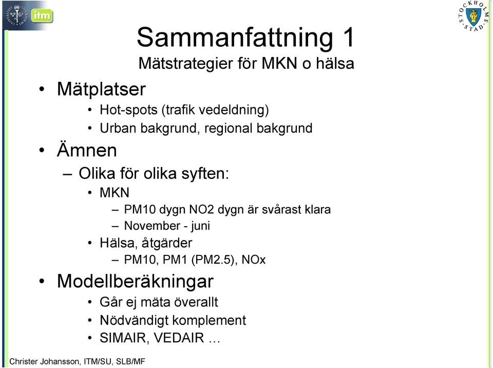 PM10 dygn NO2 dygn är svårast klara November - juni Hälsa, åtgärder PM10, PM1