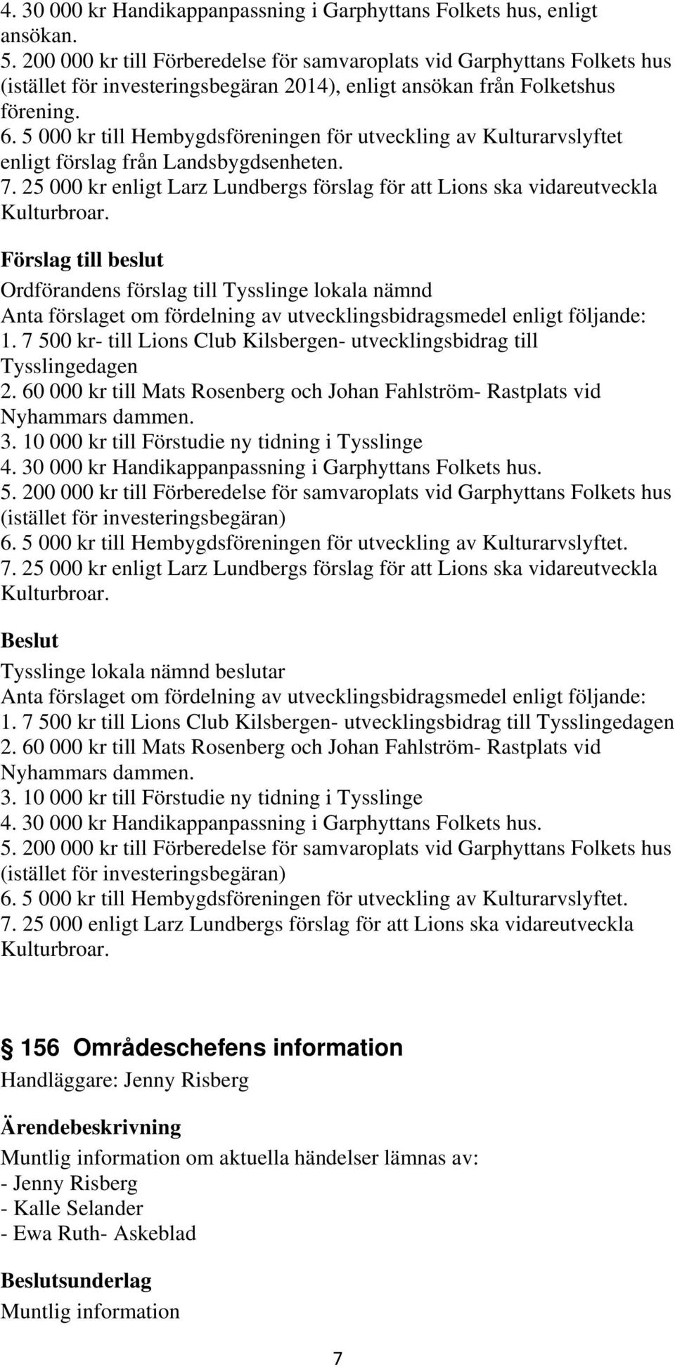 5 000 kr till Hembygdsföreningen för utveckling av Kulturarvslyftet enligt förslag från Landsbygdsenheten. 7. 25 000 kr enligt Larz Lundbergs förslag för att Lions ska vidareutveckla Kulturbroar.