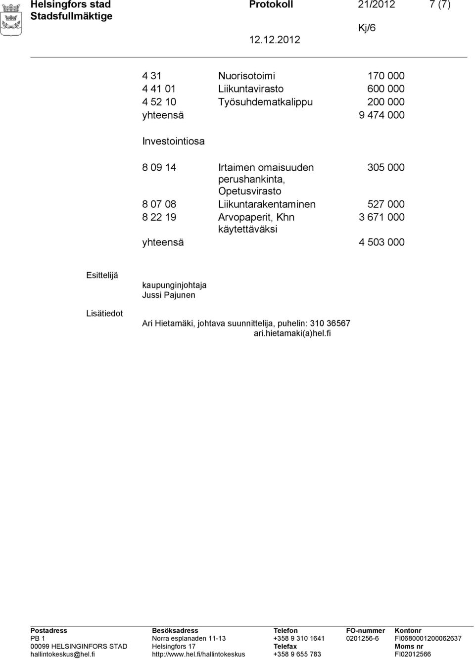 Opetusvirasto 8 07 08 Liikuntarakentaminen 527 000 8 22 19 Arvopaperit, Khn 3 671 000 käytettäväksi yhteensä 4 503