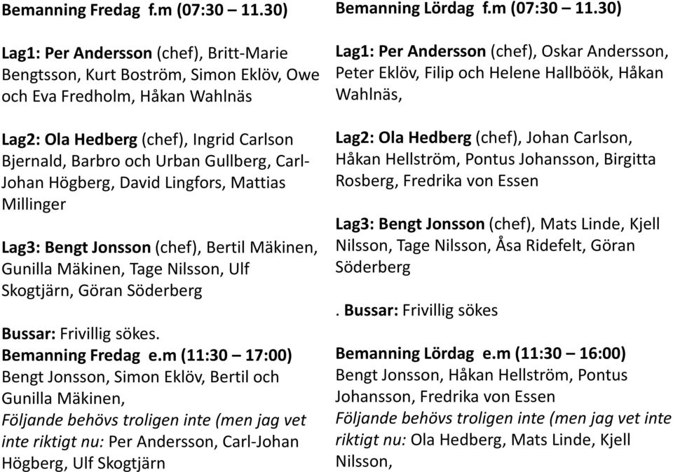 Carl- Johan Högberg, David Lingfors, Mattias Millinger Lag3: Bengt Jonsson (chef), Bertil Mäkinen, Gunilla Mäkinen, Tage Nilsson, Ulf Skogtjärn, Göran Söderberg Bussar: Frivillig sökes.