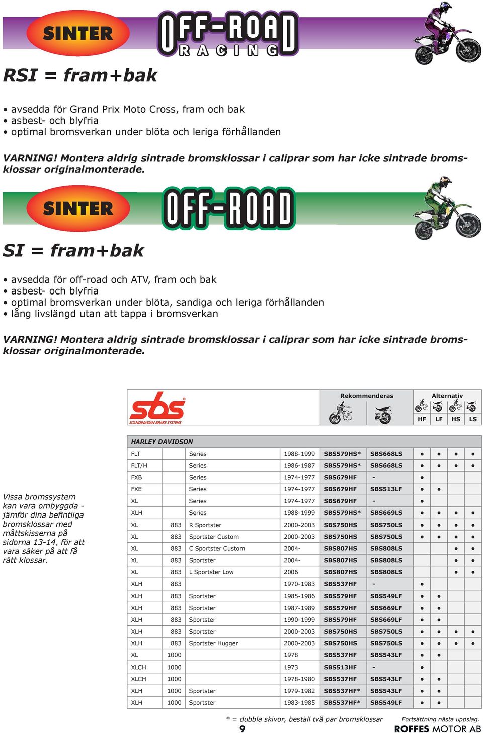 SI = fram+bak avsedda för off-road och ATV, fram och bak asbest- och blyfria optimal bromsverkan under blöta, sandiga och leriga förhållanden lång livslängd utan att tappa i bromsverkan VARNING!