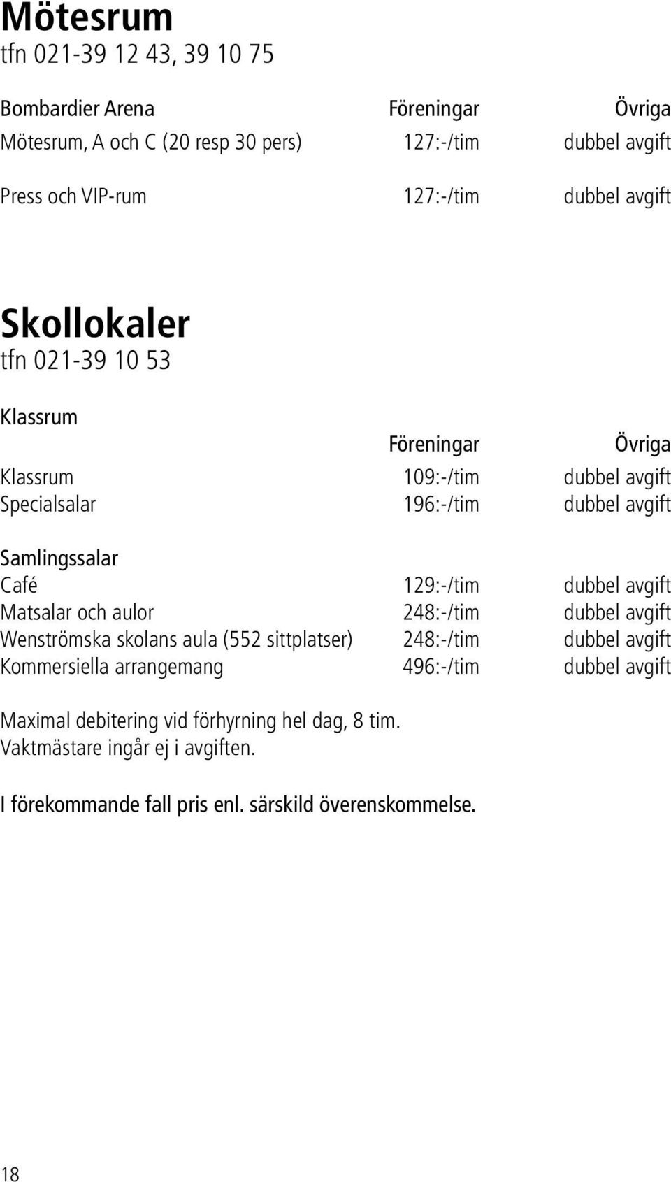 129:-/tim dubbel avgift Matsalar och aulor 248:-/tim dubbel avgift Wenströmska skolans aula (552 sittplatser) 248:-/tim dubbel avgift Kommersiella arrangemang