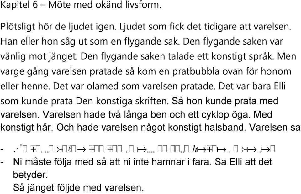 Det var olamed som varelsen pratade. Det var bara Elli som kunde prata Den konstiga skriften. Så hon kunde prata med varelsen.