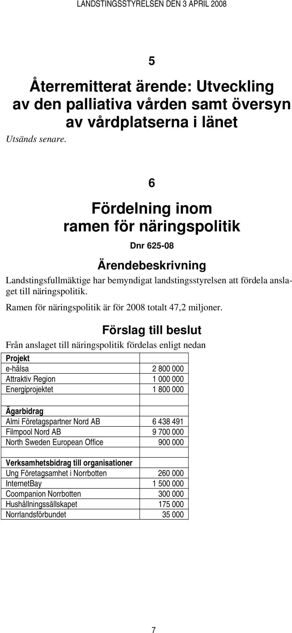 Ramen för näringspolitik är för 2008 totalt 47,2 miljoner.