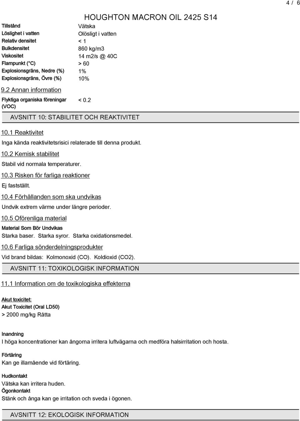 10.3 Risken för farliga reaktioner Ej fastställt. 10.4 Förhållanden som ska undvikas Undvik extrem värme under längre perioder. 10.5 Oförenliga material Material Som Bör Undvikas Starka baser.