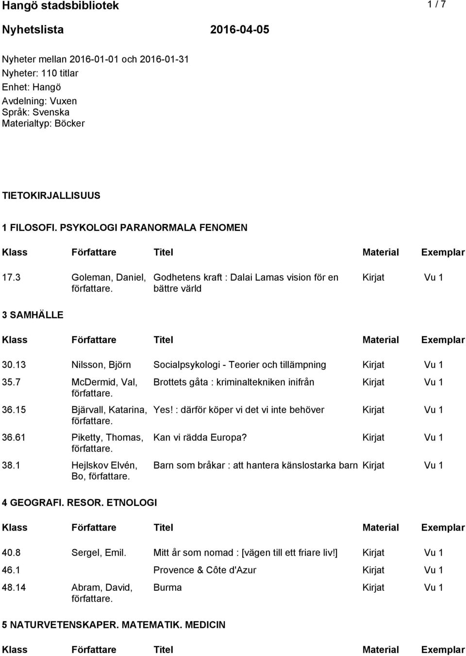 7 McDermid, Val, 36.15 Bjärvall, Katarina, 36.61 Piketty, Thomas, 38.1 Hejlskov Elvén, Bo, 4 GEOGRAFI. RESOR. ETNOLOGI Brottets gåta : kriminaltekniken inifrån Yes!