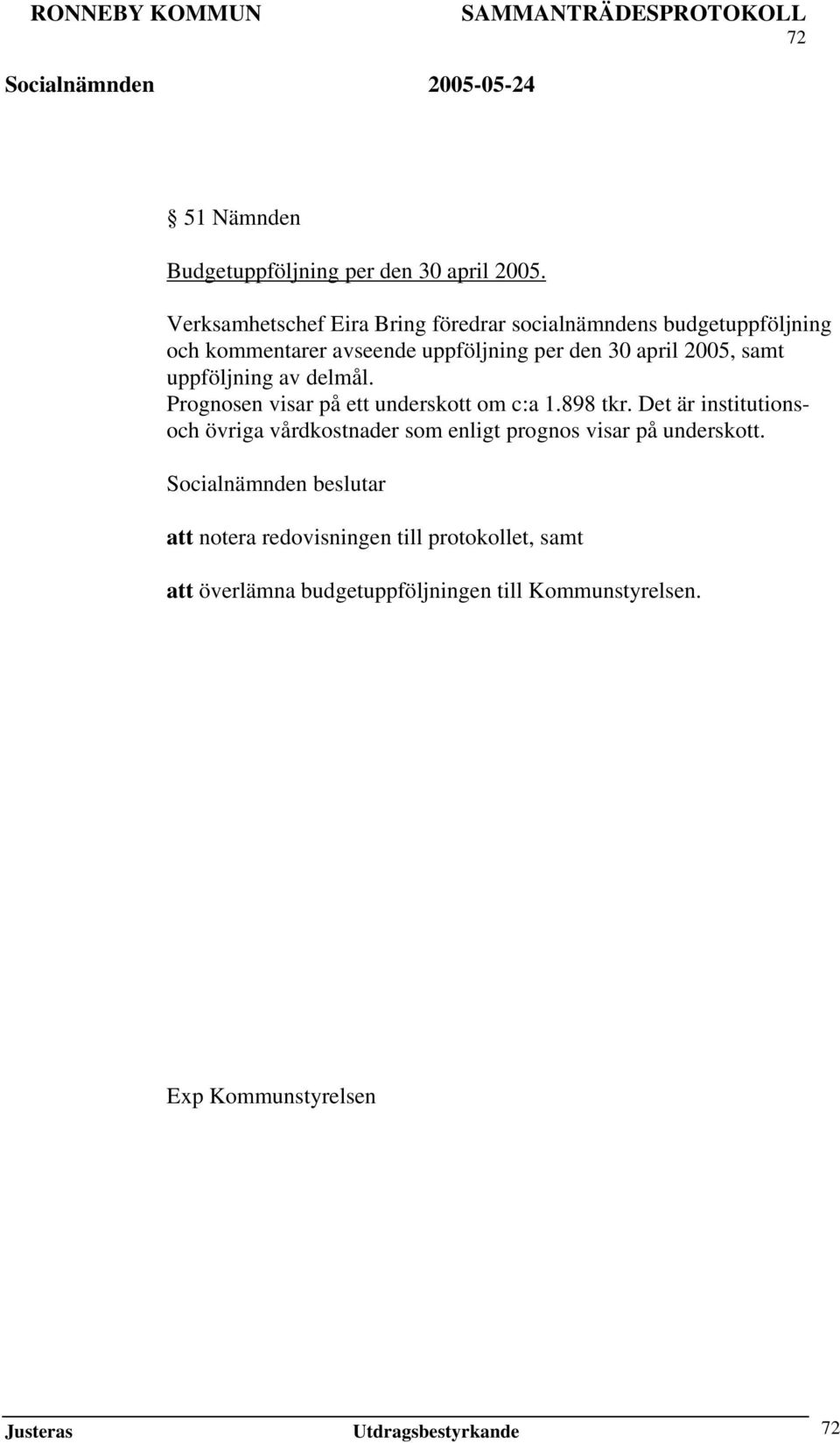 2005, samt uppföljning av delmål. Prognosen visar på ett underskott om c:a 1.898 tkr.