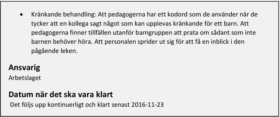 Att pedagogerna finner tillfällen utanför barngruppen att prata om sådant som inte barnen behöver höra.