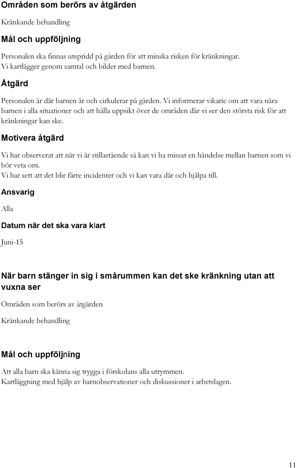 Vi informerar vikarie om att vara nära barnen i alla situationer och att hålla uppsikt över de områden där vi ser den största risk för att kränkningar kan ske.