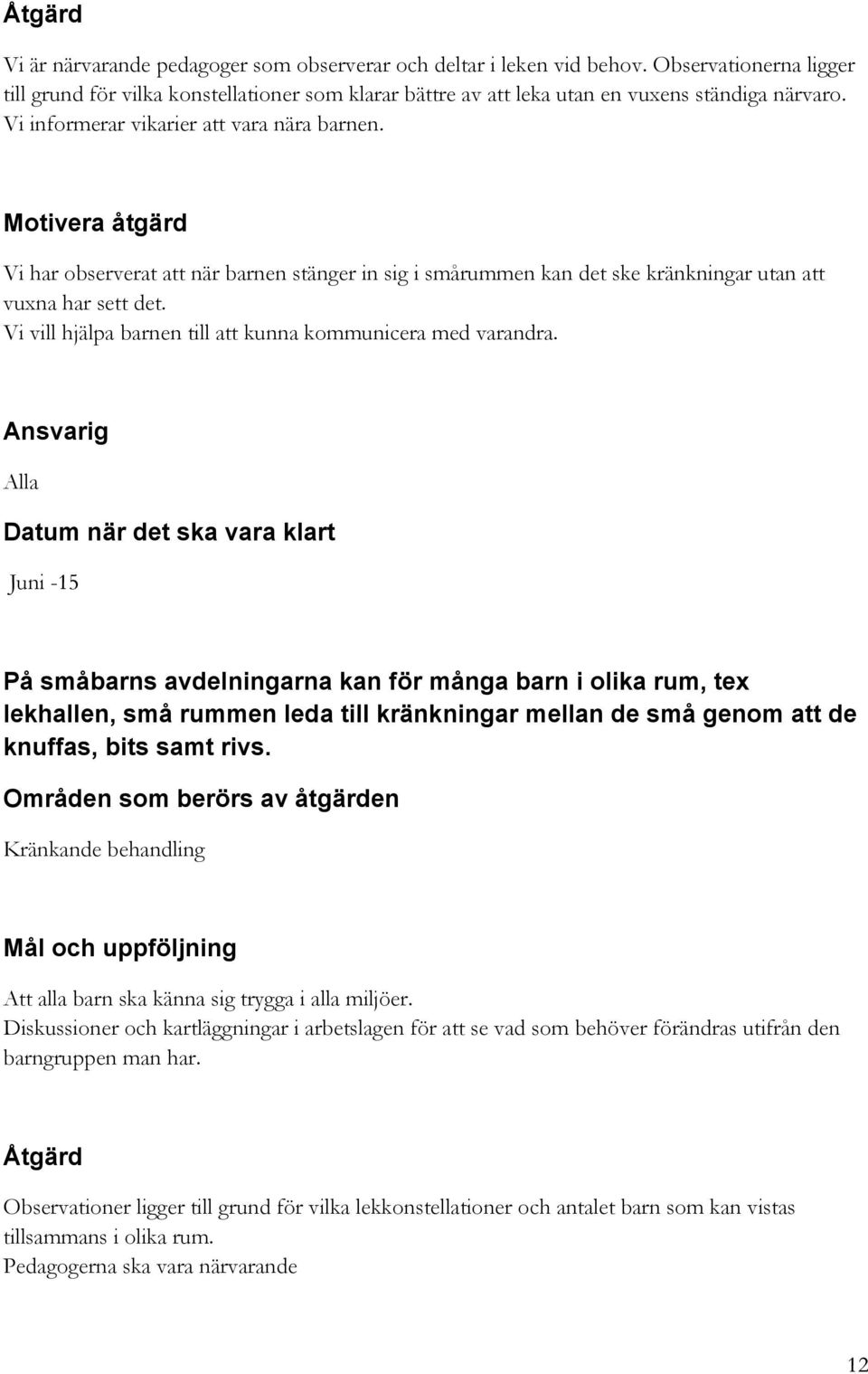 Motivera åtgärd Vi har observerat att när barnen stänger in sig i smårummen kan det ske kränkningar utan att vuxna har sett det. Vi vill hjälpa barnen till att kunna kommunicera med varandra.