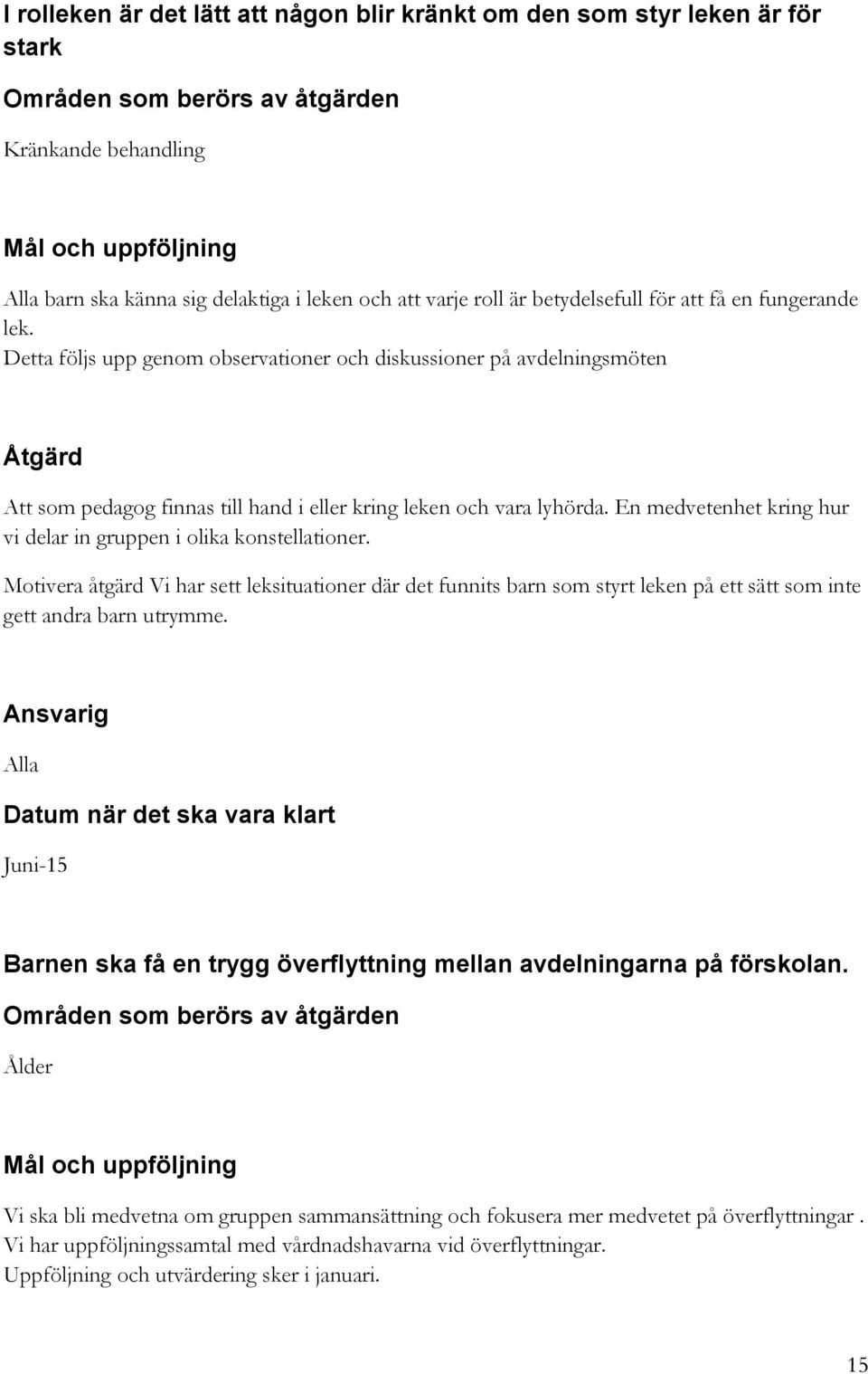 Detta följs upp genom observationer och diskussioner på avdelningsmöten Åtgärd Att som pedagog finnas till hand i eller kring leken och vara lyhörda.