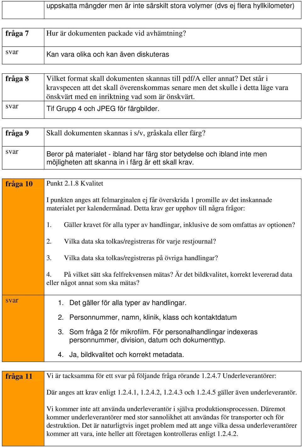 Det står i kravspecen att det skall överenskommas senare men det skulle i detta läge vara önskvärt med en inriktning vad som är önskvärt. Tif Grupp 4 och JPEG för färgbilder.