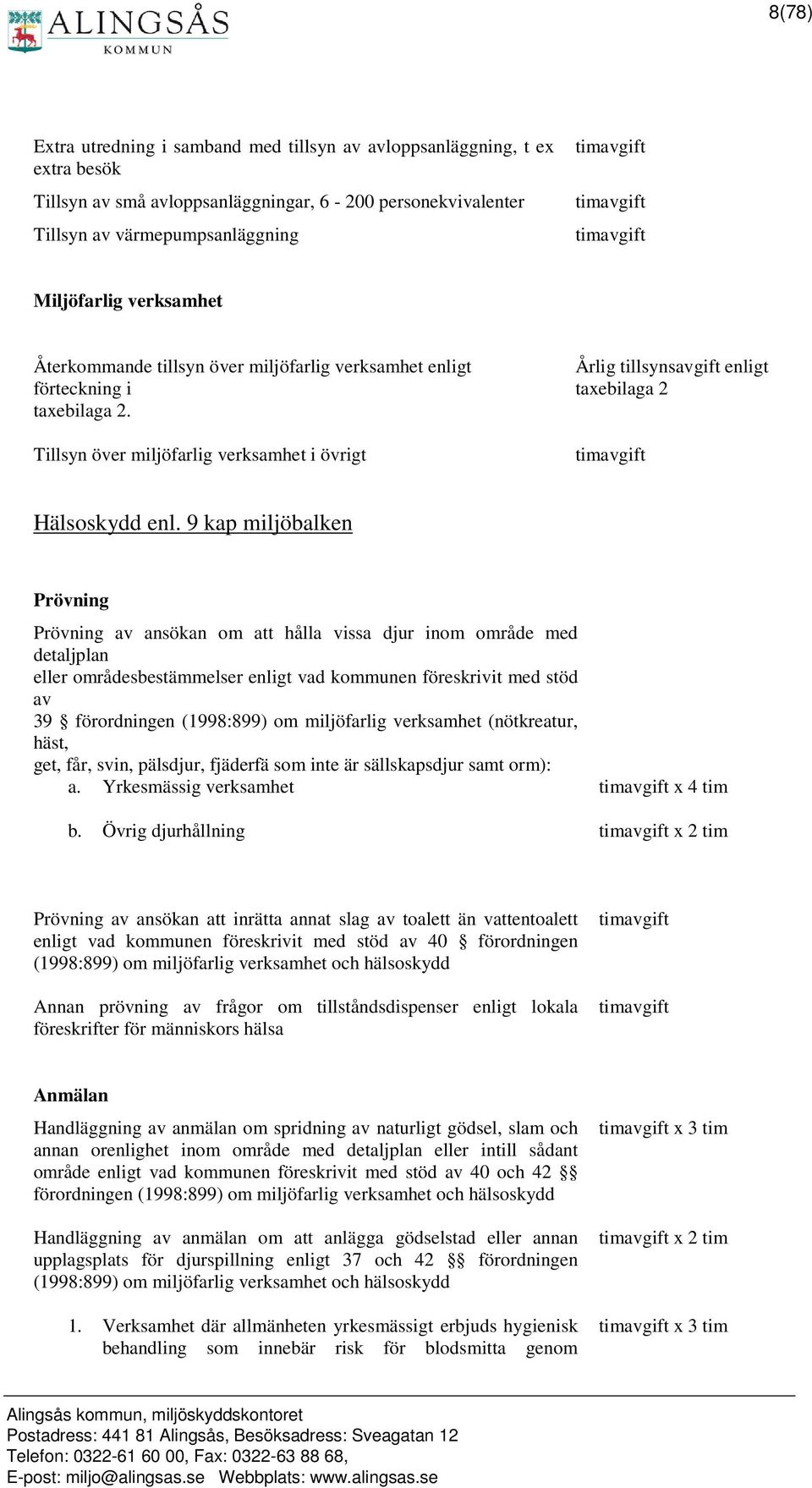 Tillsyn över miljöfarlig verksamhet i övrigt Årlig tillsynsavgift enligt taxebilaga 2 timavgift Hälsoskydd enl.