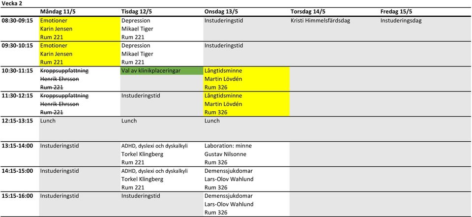 11:30 12:15 Kroppsuppfattning Instuderingstid Långtidsminne Henrik Ehrsson Martin Lövdén 12:15 13:15 Lunch Lunch Lunch 13:15 14:00 Instuderingstid ADHD, dyslexi och dyskalkyli Laboration: minne