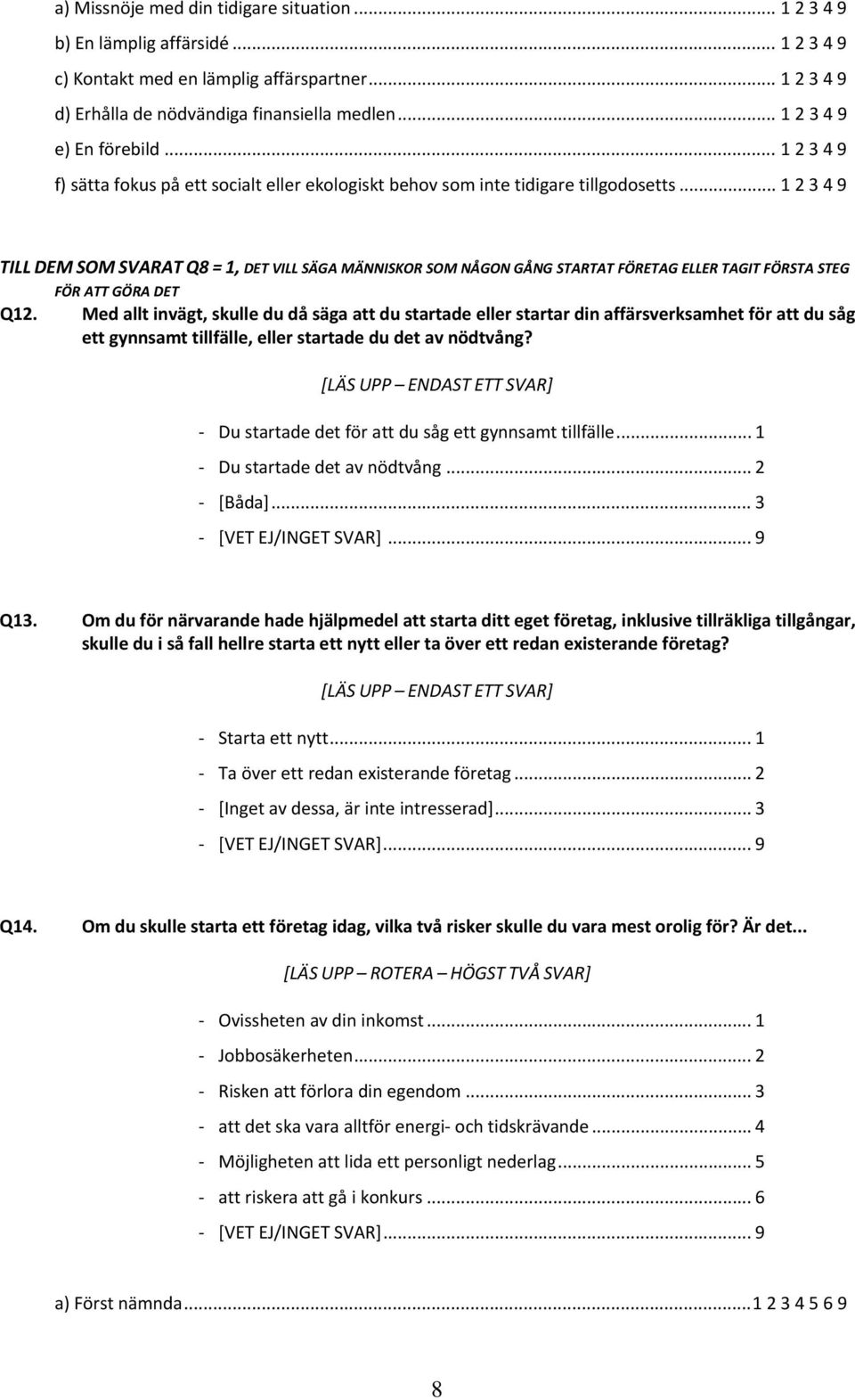 .. 1 2 3 4 9 TILL DEM SOM SVARAT Q8 = 1, DET VILL SÄGA MÄNNISKOR SOM NÅGON GÅNG STARTAT FÖRETAG ELLER TAGIT FÖRSTA STEG FÖR ATT GÖRA DET Q12.