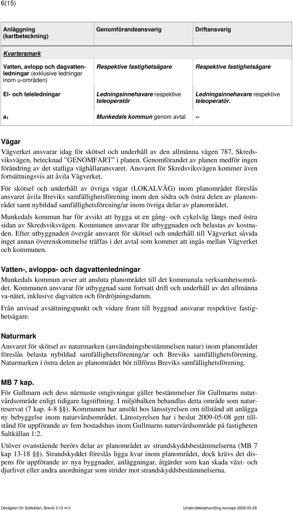 a 1 Munkedals kommun genom avtal -- Vägar Vägverket ansvarar idag för skötsel och underhåll av den allmänna vägen 787, Skredsviksvägen, betecknad GENOMFART i planen.