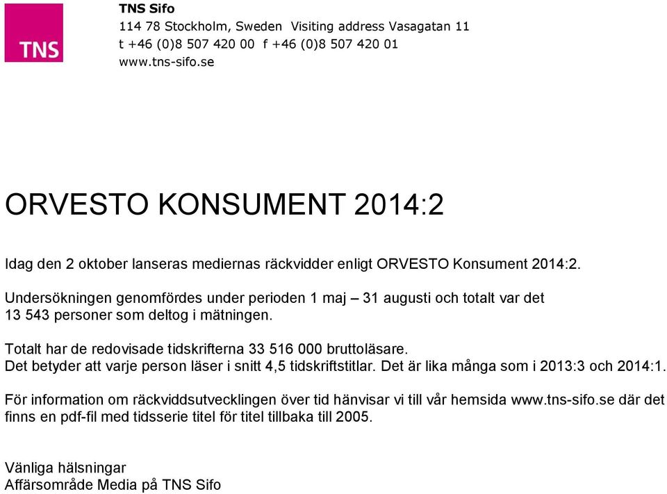 Undersökningen genomfördes under perioden 1 maj 31 augusti och totalt var det 13 543 personer som deltog i mätningen.