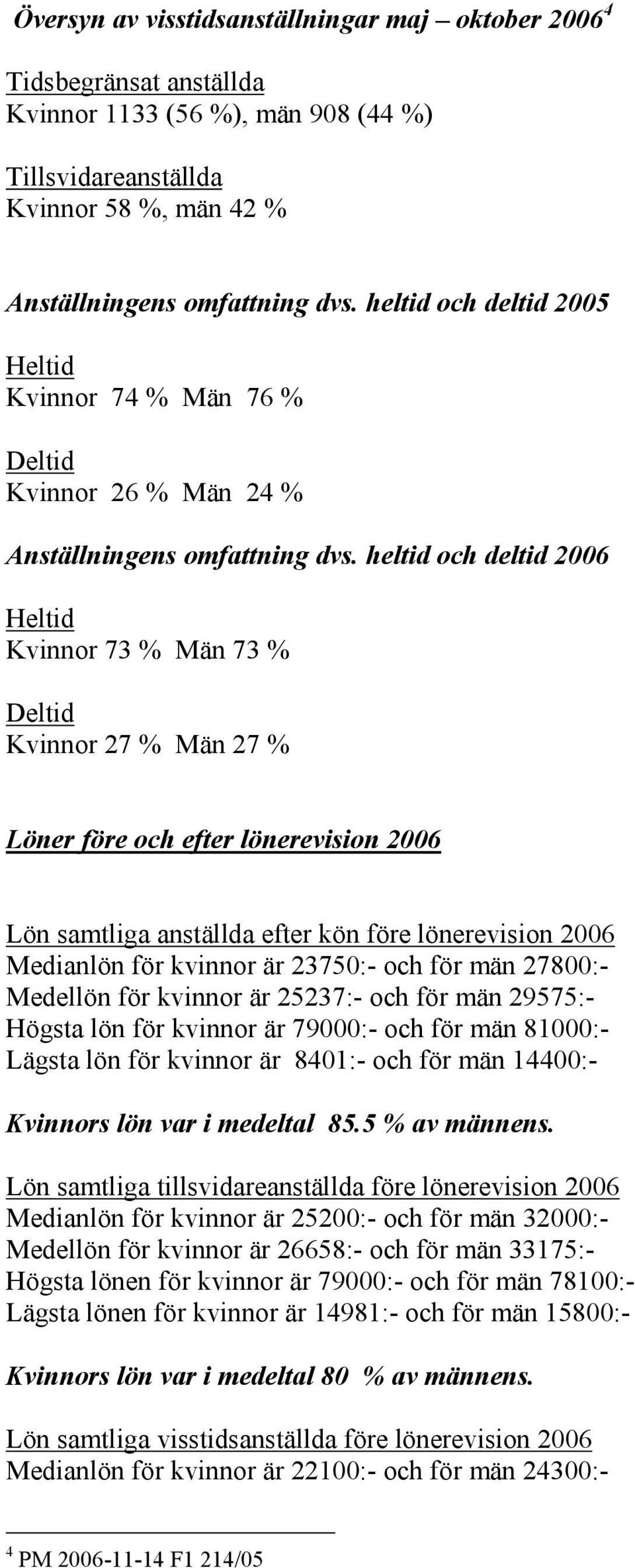 heltid och deltid 2006 Heltid Kvinnor 73 % Män 73 % Deltid Kvinnor 27 % Män 27 % Löner före och efter lönerevision 2006 Lön samtliga anställda efter kön före lönerevision 2006 Medianlön för kvinnor