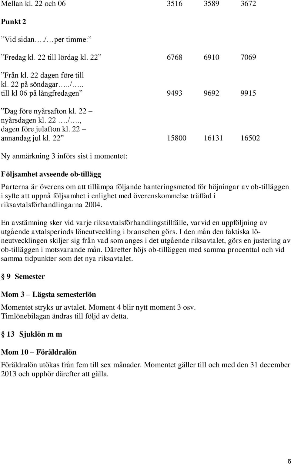 22 15800 16131 16502 Ny anmärkning 3 införs sist i momentet: Följsamhet avseende ob-tillägg Parterna är överens om att tillämpa följande hanteringsmetod för höjningar av ob-tilläggen i syfte att