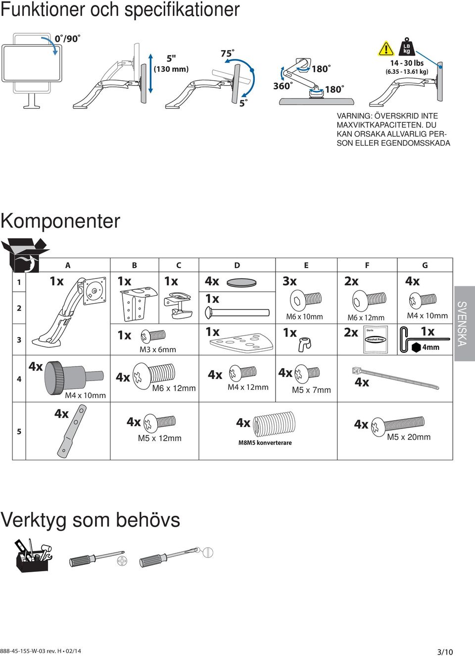 DU KAN ORSAKA ALLVARLIG PER- SON ELLER EGENDOMSSKADA Komponenter 1 2 3 4 A B C D E F G M4 x 10mm 3x