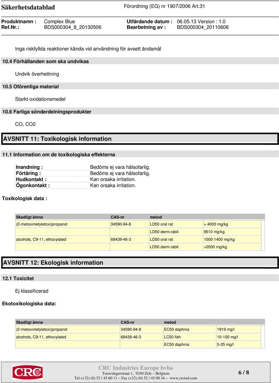 1 Information om de toxikologiska effekterna Inandning : Förtäring : Hudkontakt : Ögonkontakt : Bedöms ej vara hälsofarlig. Bedöms ej vara hälsofarlig. Kan orsaka irritation.