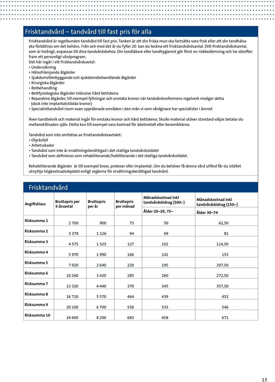 Ditt frisktandvårdsavtal, som är treårigt, anpassas till dina tandvårdsbehov. Din tandläkare eller tandhygienist gör först en riskbedömning och tar därefter fram ett personligt vårdprogram.