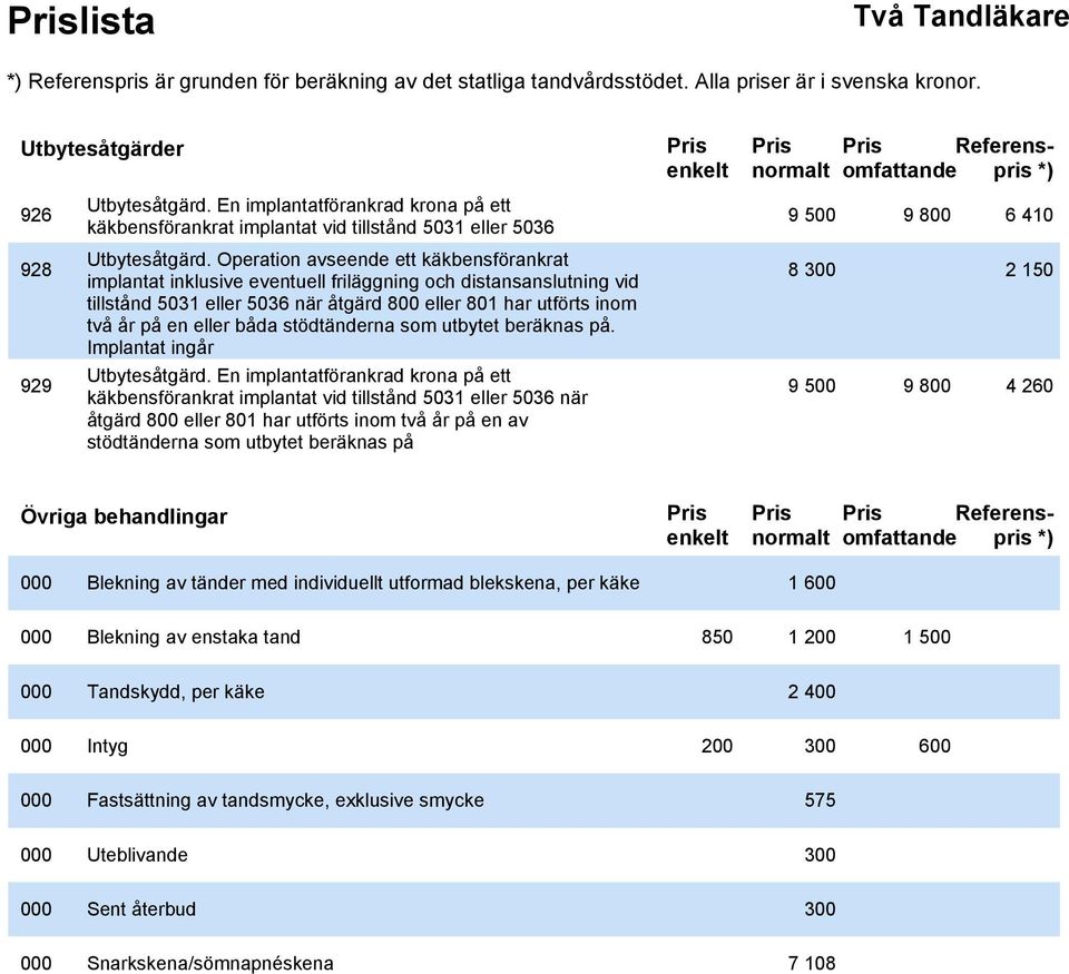 stödtänderna som utbytet beräknas på. Implantat ingår Utbytesåtgärd.