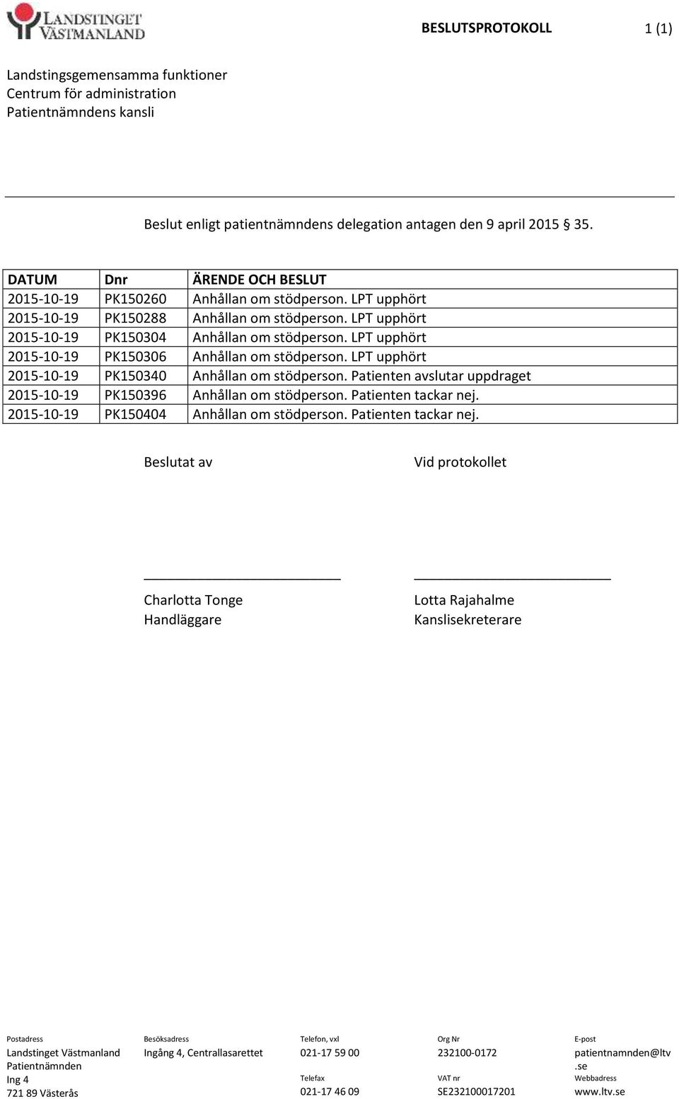 LPT upphört 2015-10-19 PK150306 Anhållan om stödperson. LPT upphört 2015-10-19 PK150340 Anhållan om stödperson. Patienten avslutar uppdraget 2015-10-19 PK150396 Anhållan om stödperson.