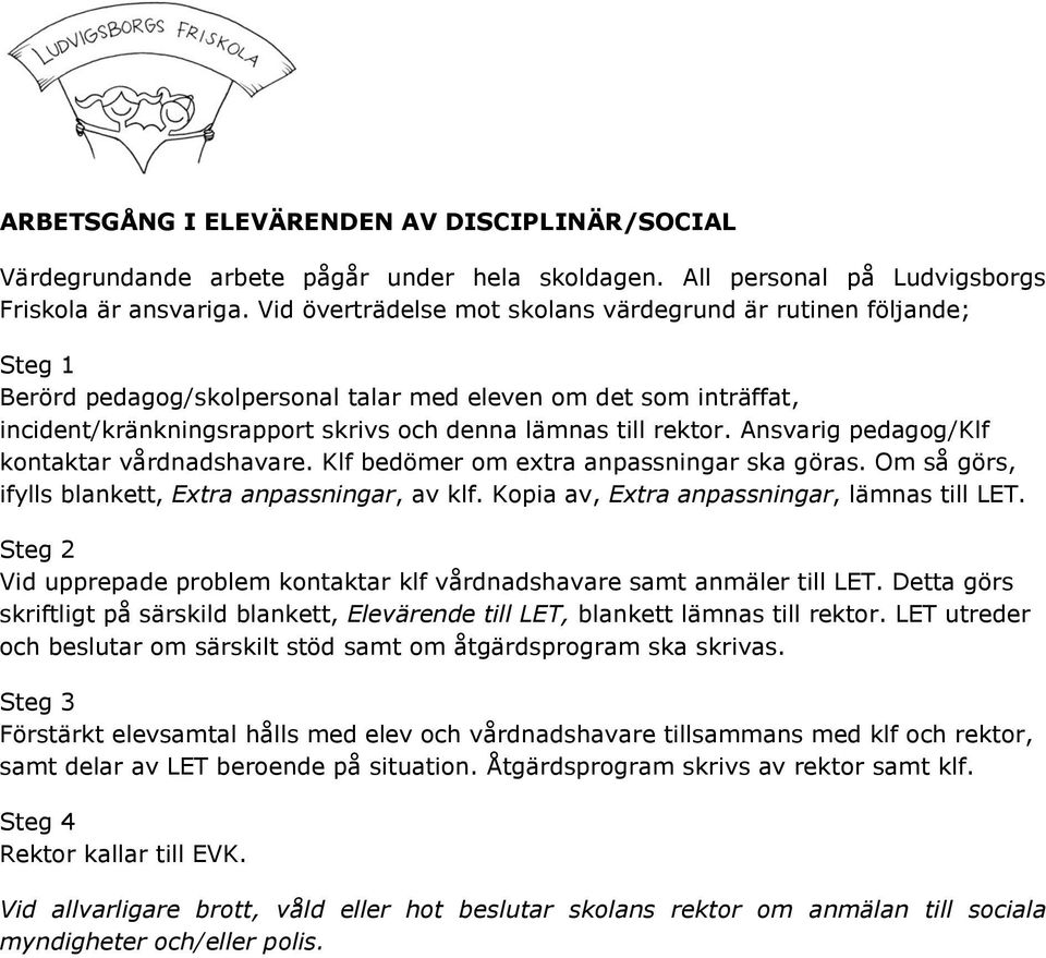 Ansvarig pedagog/klf kontaktar vårdnadshavare. Klf bedömer om extra anpassningar ska göras. Om så görs, ifylls blankett, Extra anpassningar, av klf. Kopia av, Extra anpassningar, lämnas till LET.