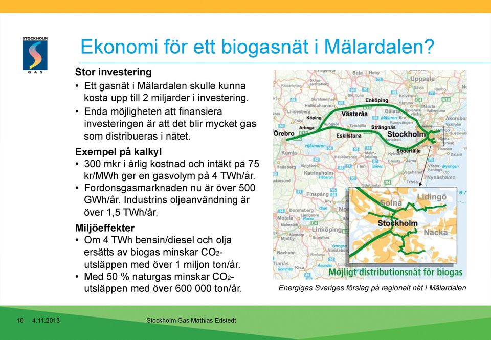 Exempel på kalkyl 300 mkr i årlig kostnad och intäkt på 75 kr/mwh ger en gasvolym på 4 TWh/år. Fordonsgasmarknaden nu är över 500 GWh/år.