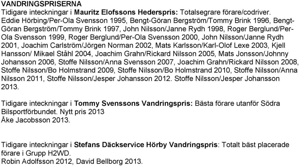 Berglund/Per-Ola Svensson 2000, John Nilsson/Janne Rydh 2001, Joachim Carlström/Jörgen Norman 2002, Mats Karlsson/Karl-Olof Lexe 2003, Kjell Hansson/ Mikael Ståhl 2004, Joachim Grahn/Rickard Nilsson