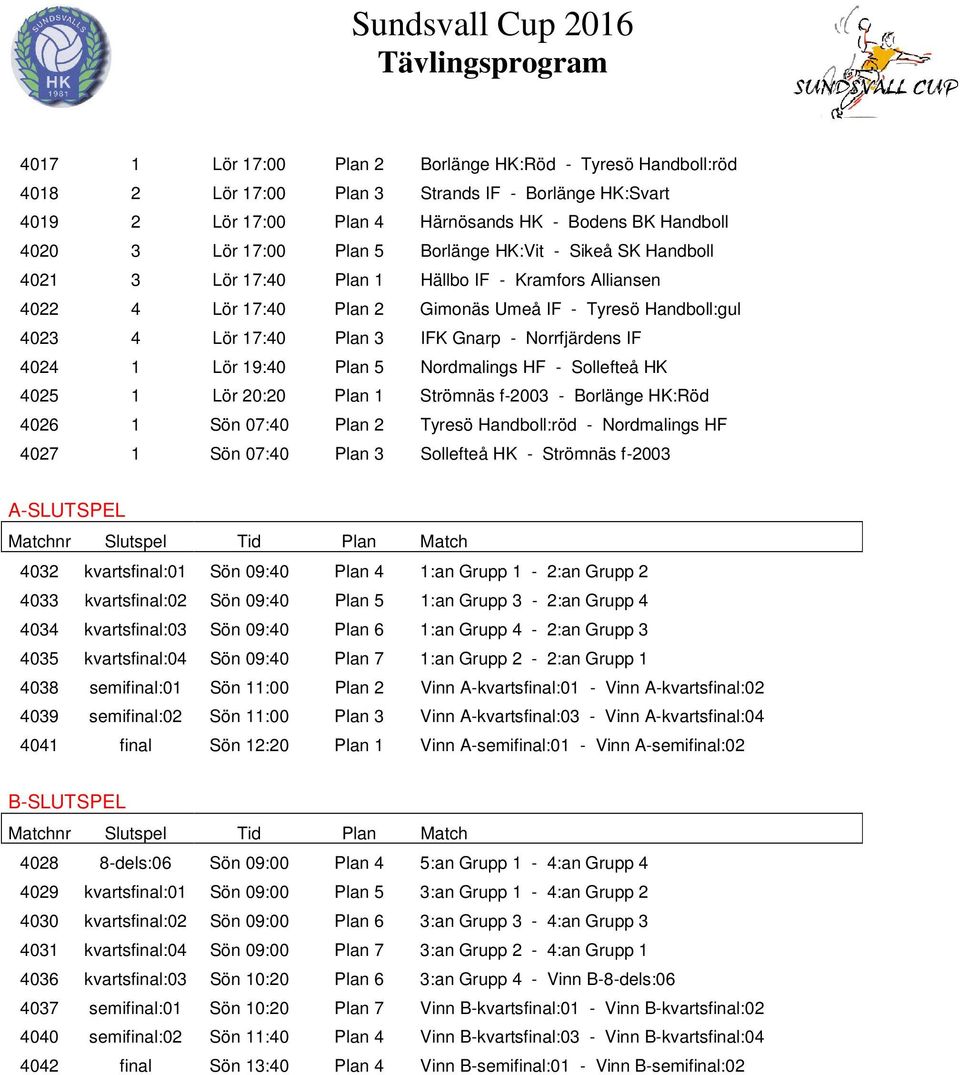Norrfjärdens IF 4024 1 Lör 19:40 Plan 5 Nordmalings HF - Sollefteå HK 4025 1 Lör 20:20 Plan 1 Strömnäs f-2003 - Borlänge HK:Röd 4026 1 Sön 07:40 Plan 2 Tyresö Handboll:röd - Nordmalings HF 4027 1 Sön