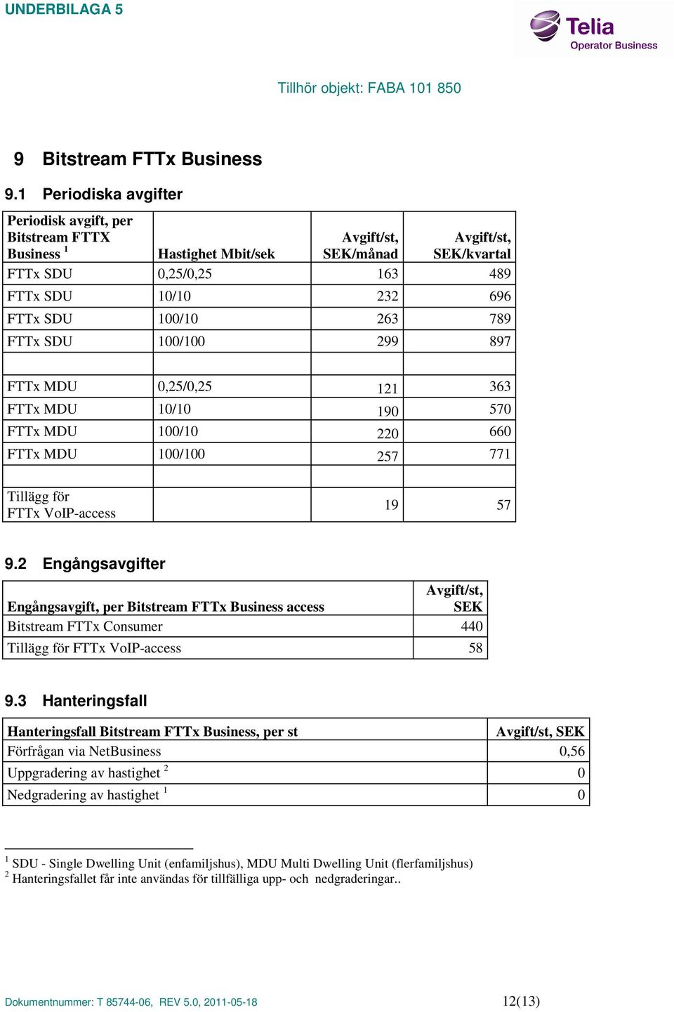 FTTx MDU 0,25/0,25 121 363 FTTx MDU 10/10 190 570 FTTx MDU 100/10 220 660 FTTx MDU 100/100 257 771 Tillägg för FTTx VoIP-access 19 57 9.