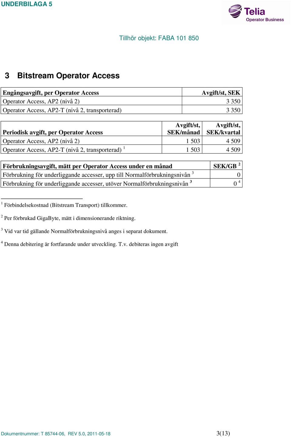 underliggande accesser, upp till Normalförbrukningsnivån 3 0 Förbrukning för underliggande accesser, utöver Normalförbrukningsnivån 3 0 4 1 Förbindelsekostnad (Bitstream Transport) tillkommer.