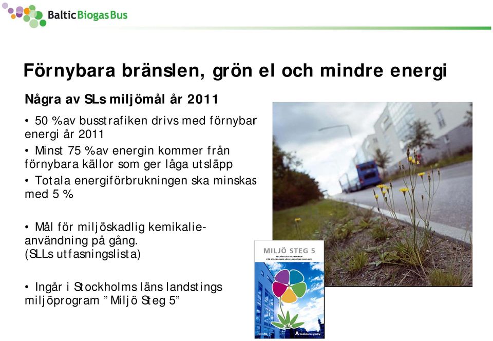 källor som ger låga utsläpp Totala energiförbrukningen ska minskas med 5 % Mål för miljöskadlig