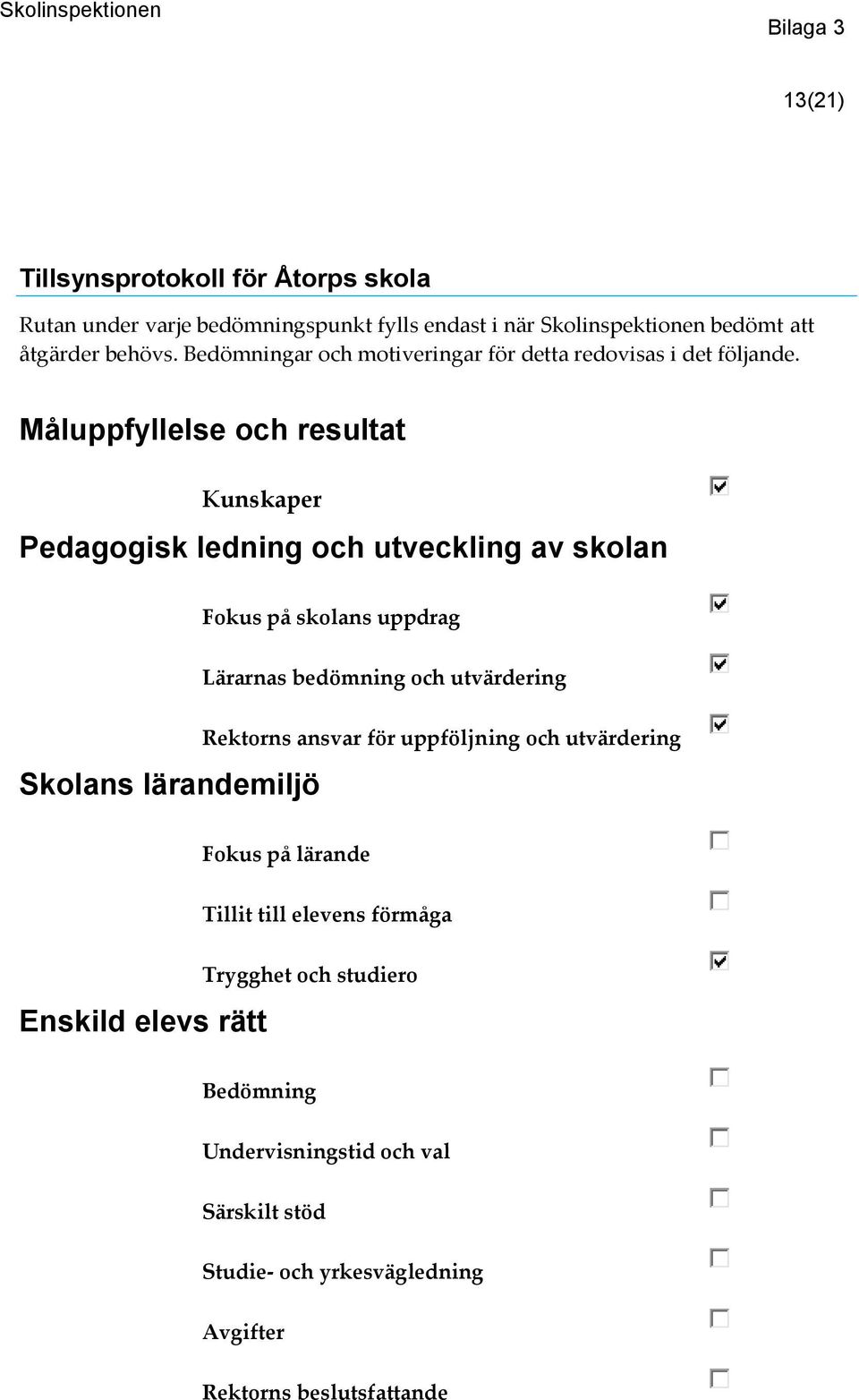 Måluppfyllelse och resultat Kunskaper Pedagogisk ledning och utveckling av skolan Fokus på skolans uppdrag Lärarnas bedömning och utvärdering Skolans