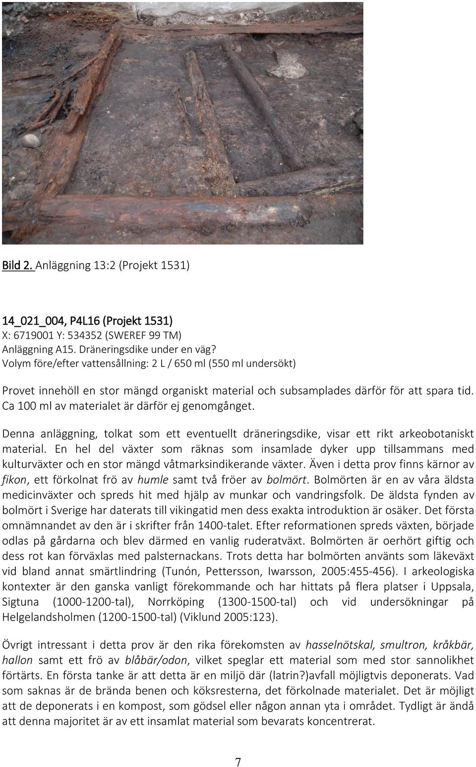 Ca 100 ml av materialet är därför ej genomgånget. Denna anläggning, tolkat som ett eventuellt dräneringsdike, visar ett rikt arkeobotaniskt material.