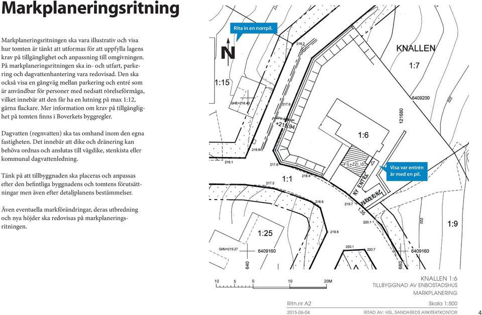 På markplaneringsritningen ska in- och utfart, parkering och dagvattenhantering vara redovisad.