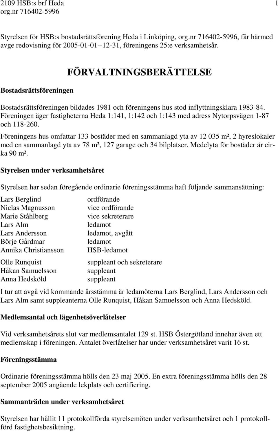 Föreningen äger fastigheterna Heda 1:141, 1:142 och 1:143 med adress Nytorpsvägen 1-87 och 118-260.