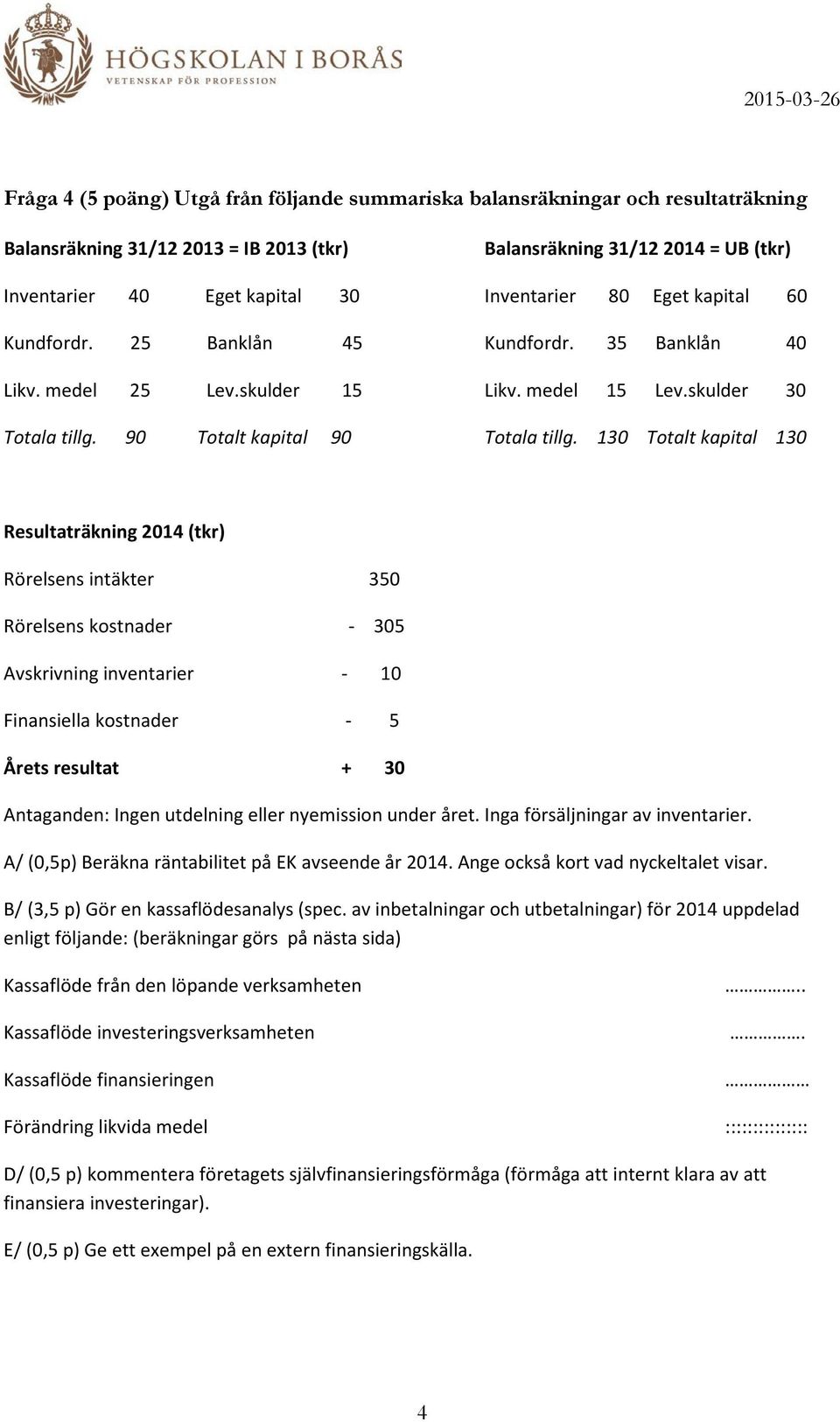 130 Totalt kapital 130 Resultaträkning 2014 (tkr) Rörelsens intäkter 350 Rörelsens kostnader - 305 Avskrivning inventarier - 10 Finansiella kostnader - 5 Årets resultat + 30 Antaganden: Ingen