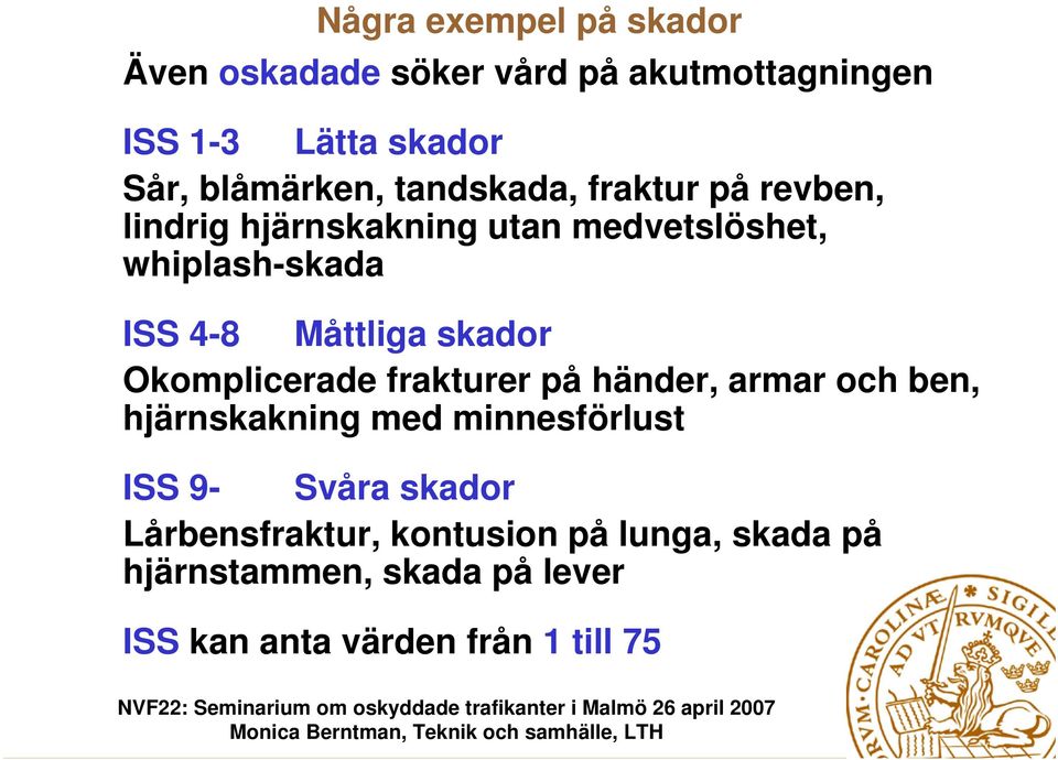 skador Okomplicerade frakturer på händer, armar och ben, hjärnskakning med minnesförlust ISS 9- Svåra