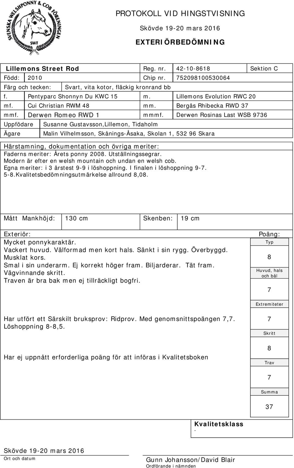 Derwen Rosinas Last WSB 936 Susanne Gustavsson,Lillemon, Tidaholm Malin Vilhelmsson, SkåningsÅsaka, Skolan 1, 532 96 Skara Faderns meriter: Årets ponny 200. Utställningssegrar.