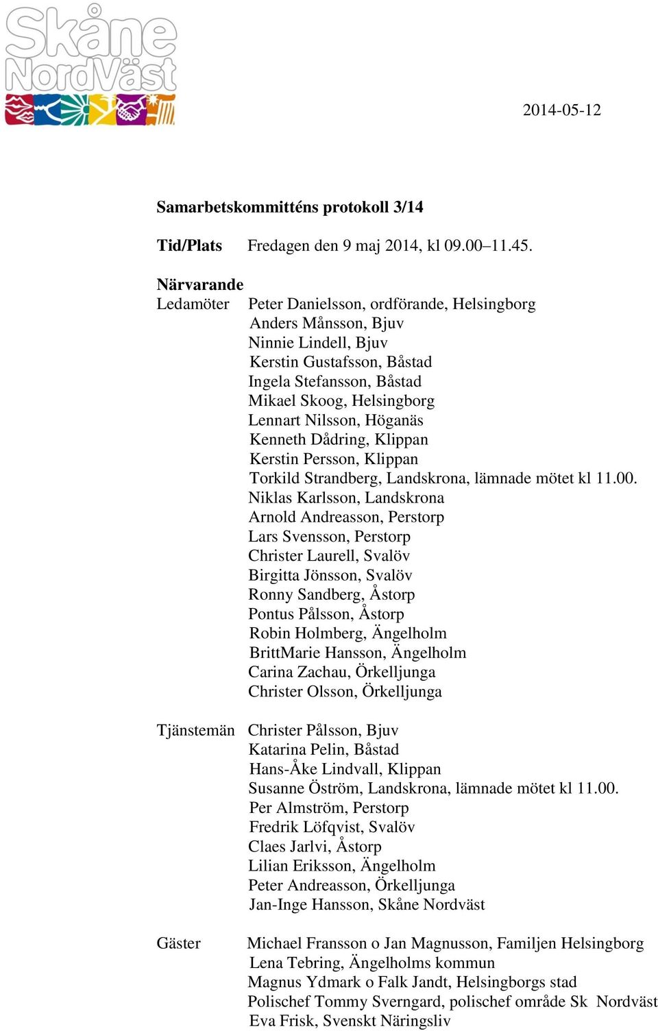 Nilsson, Höganäs Kenneth Dådring, Klippan Kerstin Persson, Klippan Torkild Strandberg, Landskrona, lämnade mötet kl 11.00.