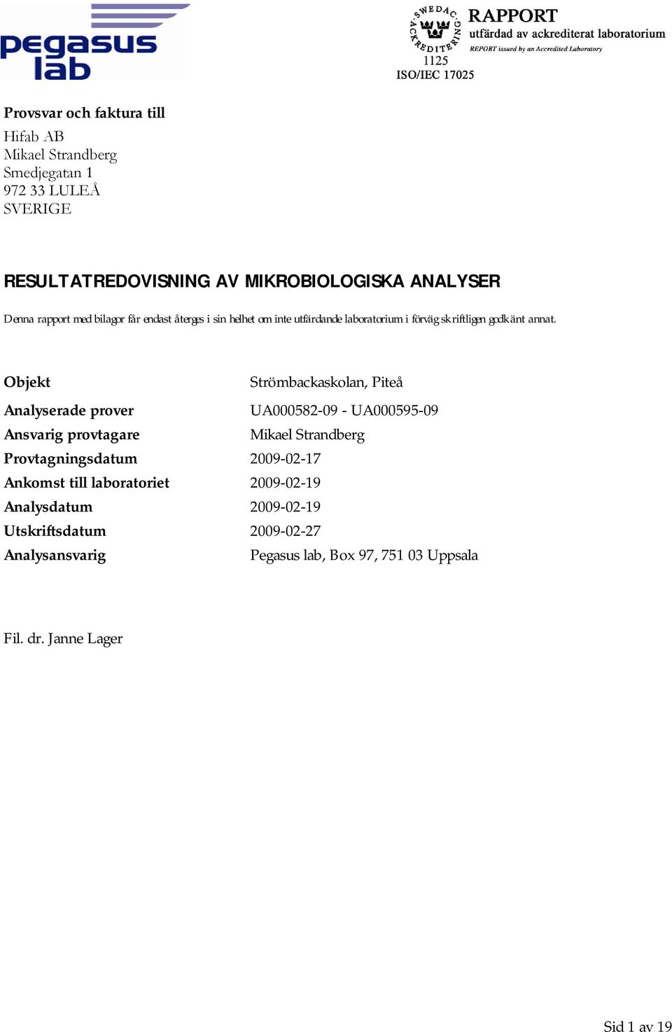 Analyserade prover UA000582-09 - UA000595-09 Ansvarig provtagare Mikael Strandberg Provtagningsdatum 2009-02-17 Ankomst till