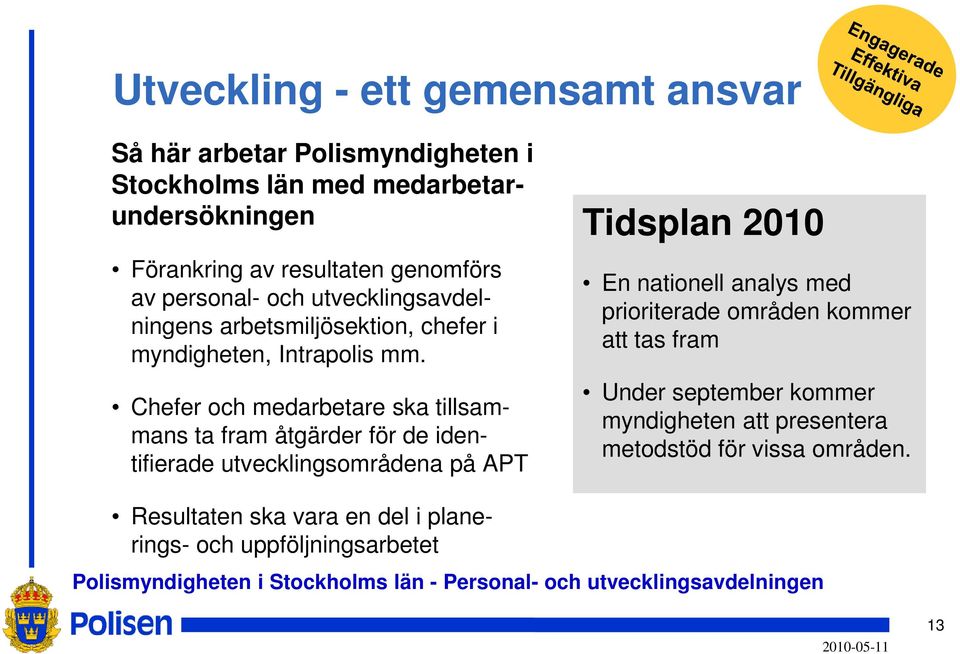 Chefer och medarbetare ska tillsammans ta fram åtgärder för de identifierade utvecklingsområdena på APT Tidsplan 2010 En nationell analys med