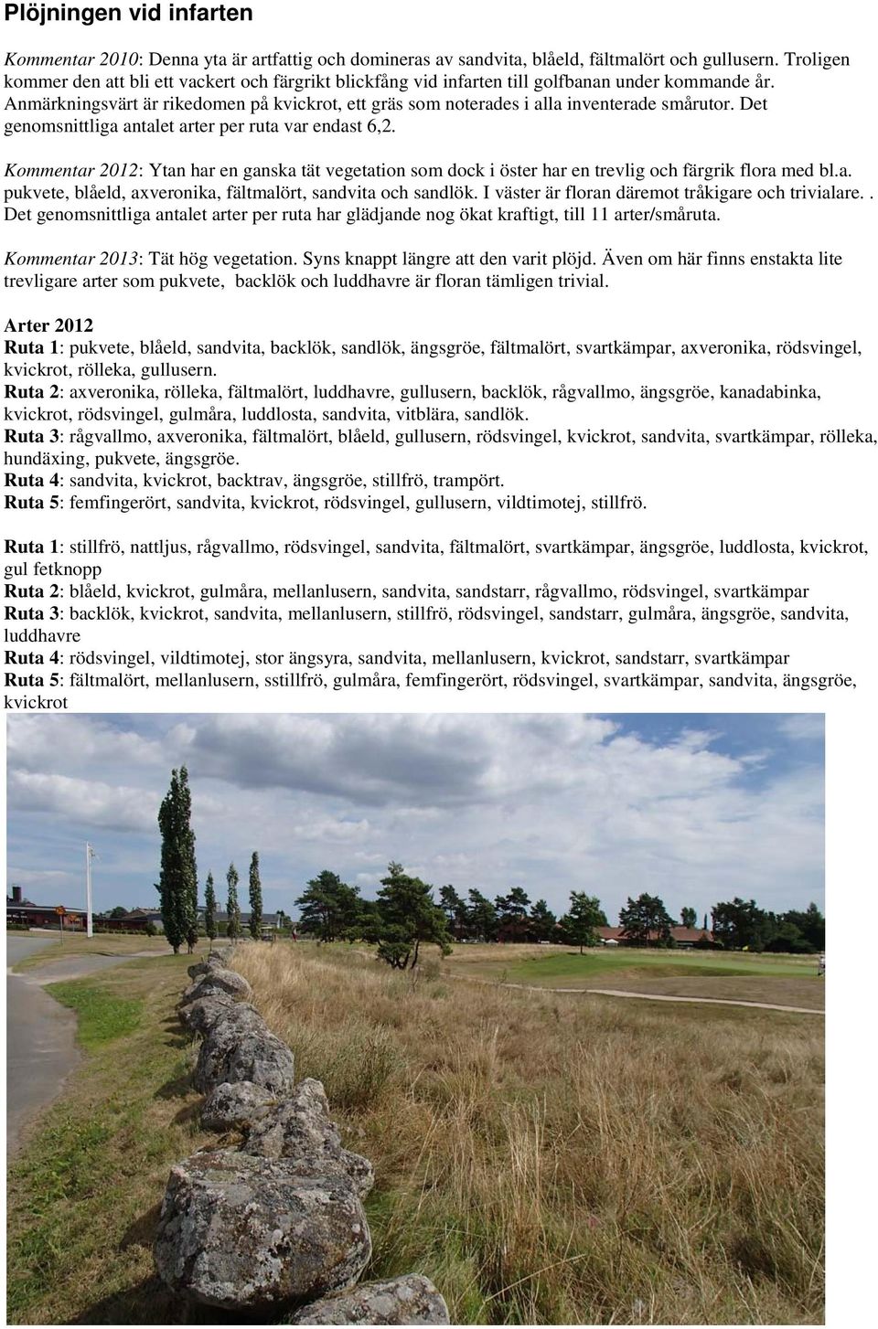 Anmärkningsvärt är rikedomen på kvickrot, ett gräs som noterades i alla inventerade smårutor. Det genomsnittliga antalet arter per ruta var endast 6,2.