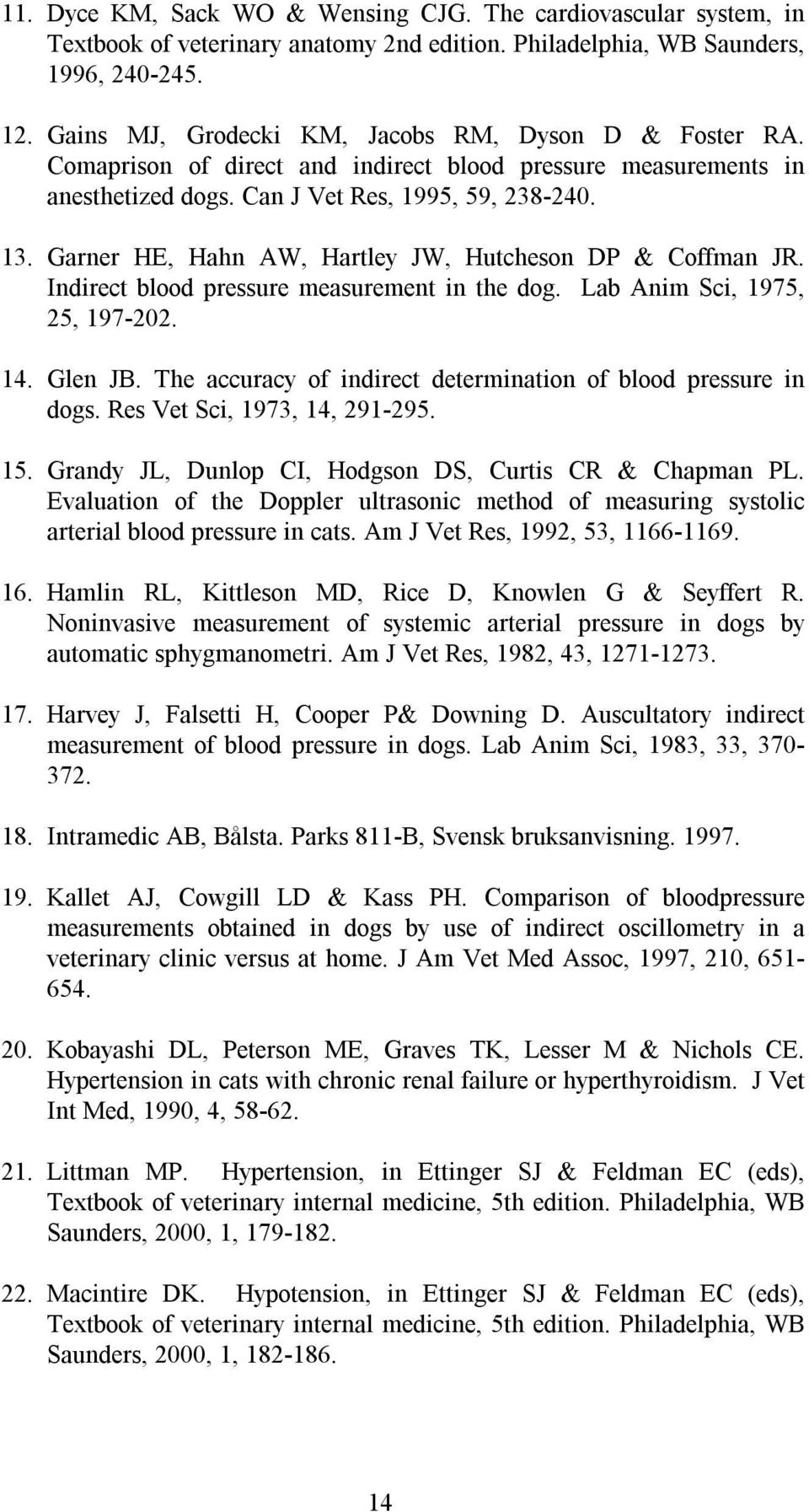 Garner HE, Hahn AW, Hartley JW, Hutcheson DP & Coffman JR. Indirect blood pressure measurement in the dog. Lab Anim Sci, 1975, 25, 197-202. 14. Glen JB.