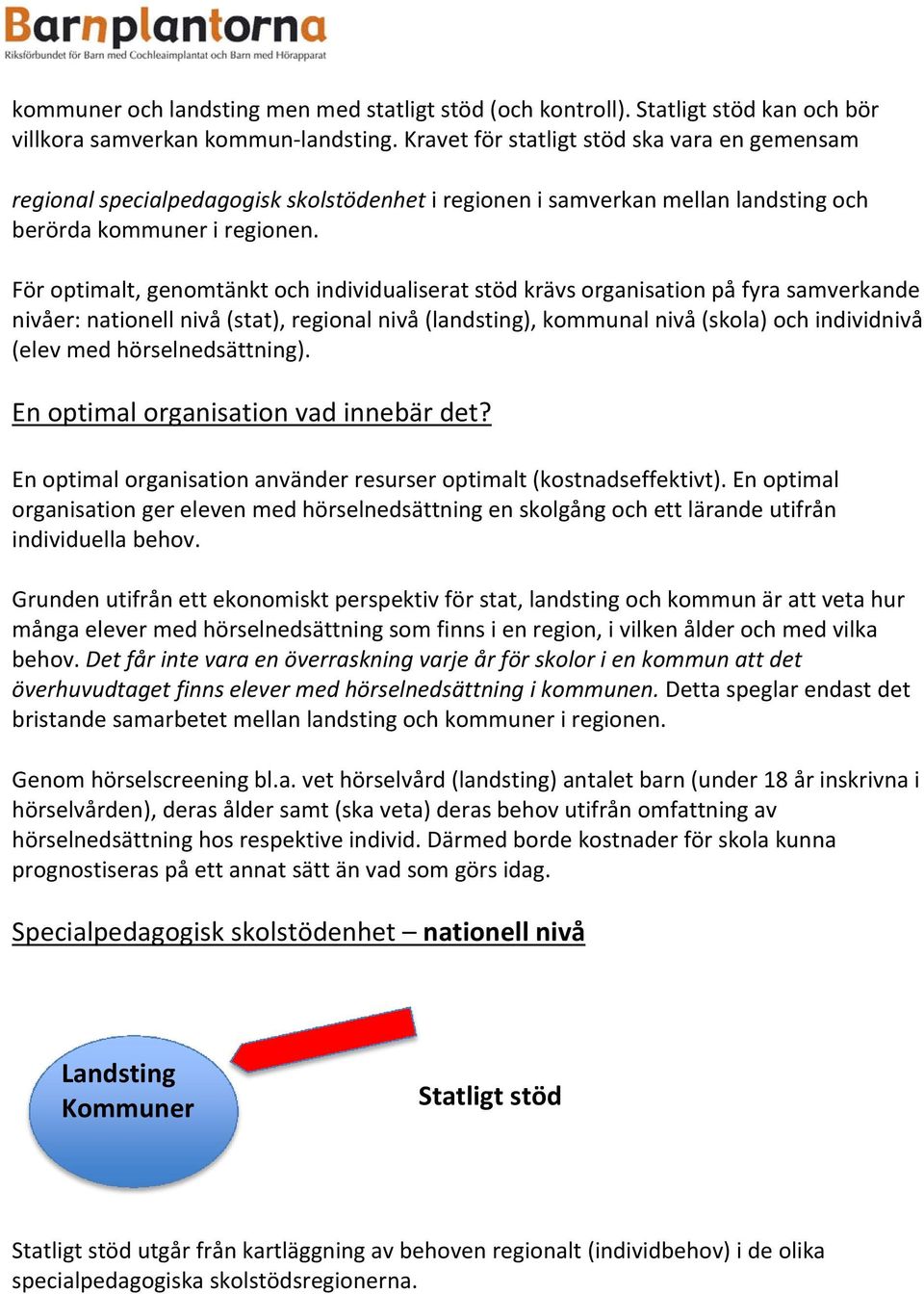 För optimalt, genomtänkt och individualiserat stöd krävs organisation på fyra samverkande nivåer: nationell nivå (stat), regional nivå (landsting), kommunal nivå (skola) och individnivå (elev med